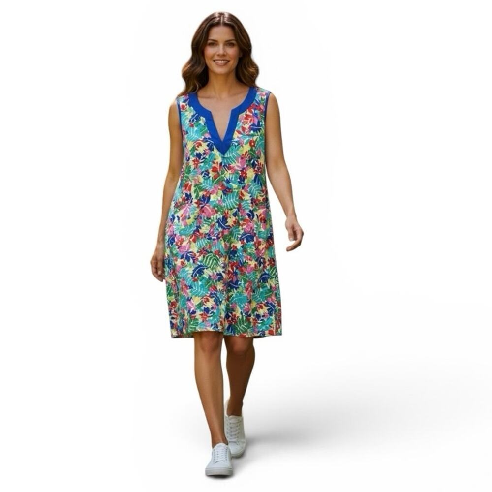 Lands’ End Women’s V-Neck Blue Multi Floral Cotton Dress w/ Pockets Size Medium